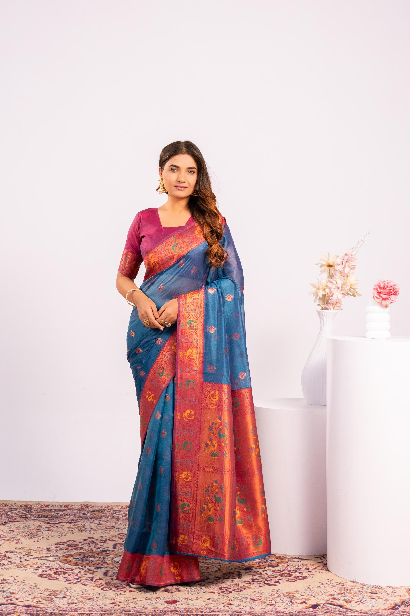 Teal Woven Paithani Tissue Silk Saree