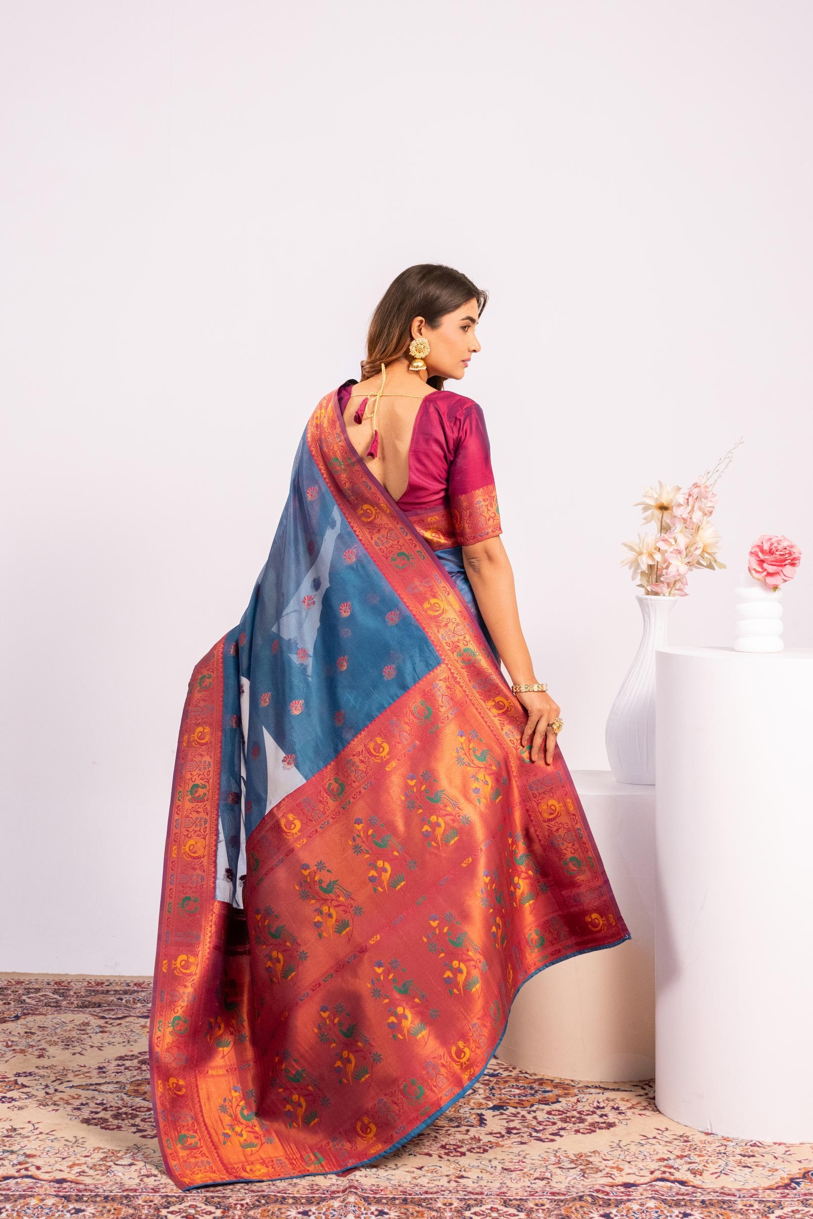 Teal Woven Paithani Tissue Silk Saree — alternate view