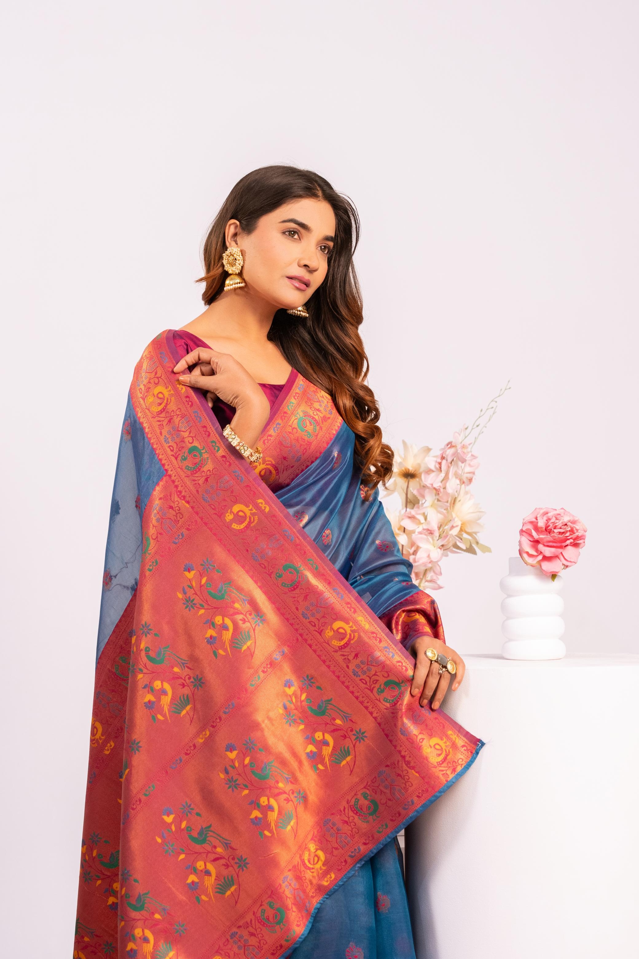 Teal Woven Paithani Tissue Silk Saree