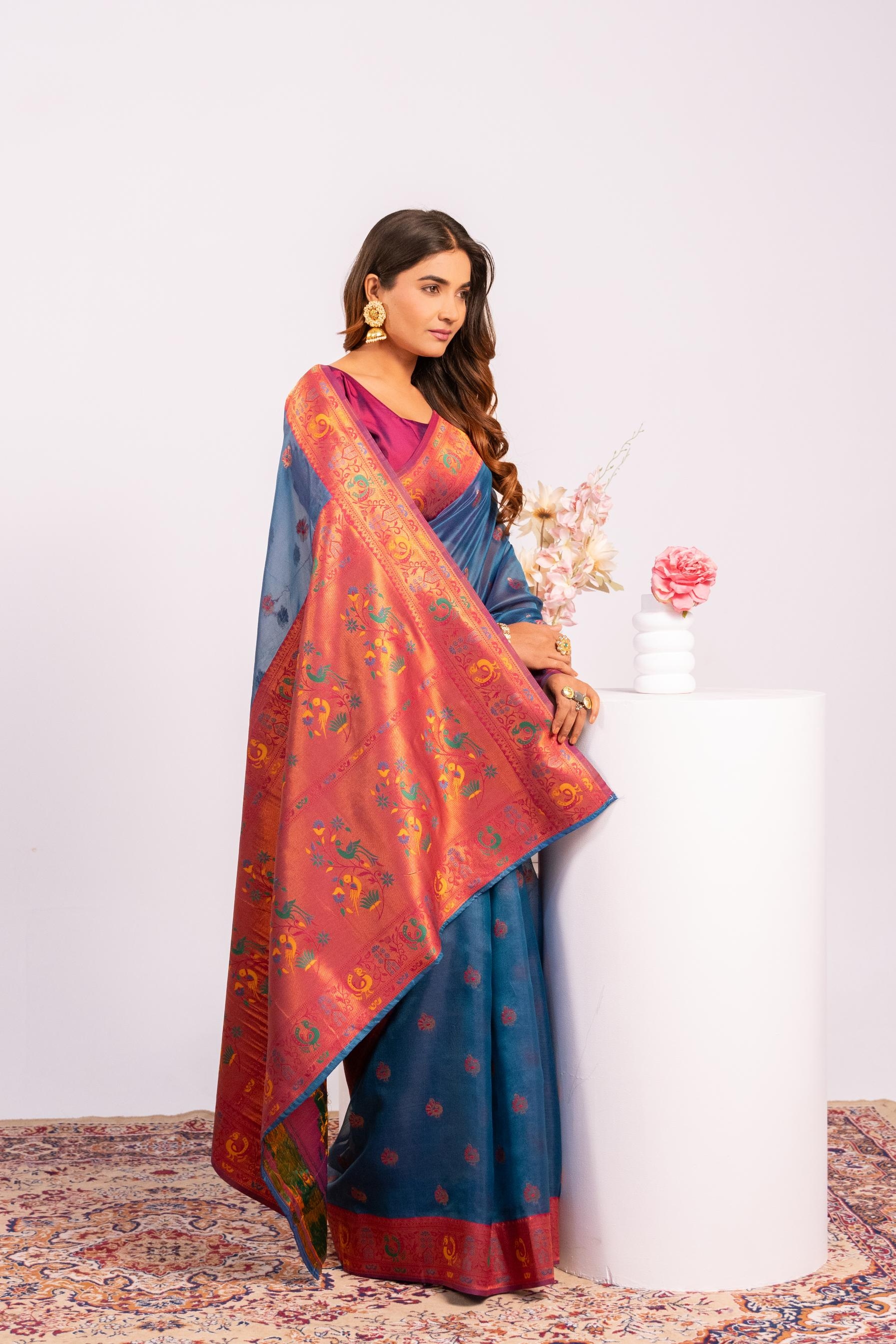 Teal Woven Paithani Tissue Silk Saree