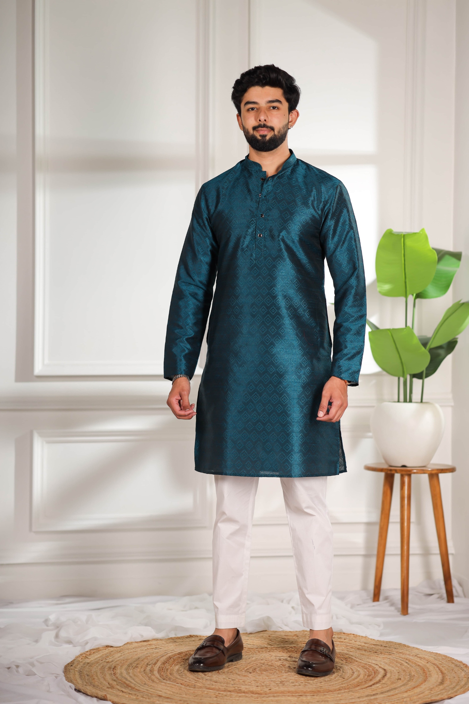 Teal Woven Pattern Art Silk Kurta Pyjama