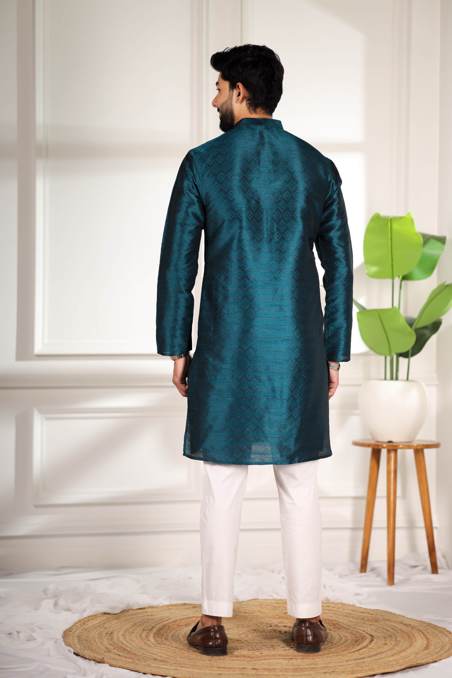 Teal Woven Pattern Art Silk Kurta Pyjama — alternate view