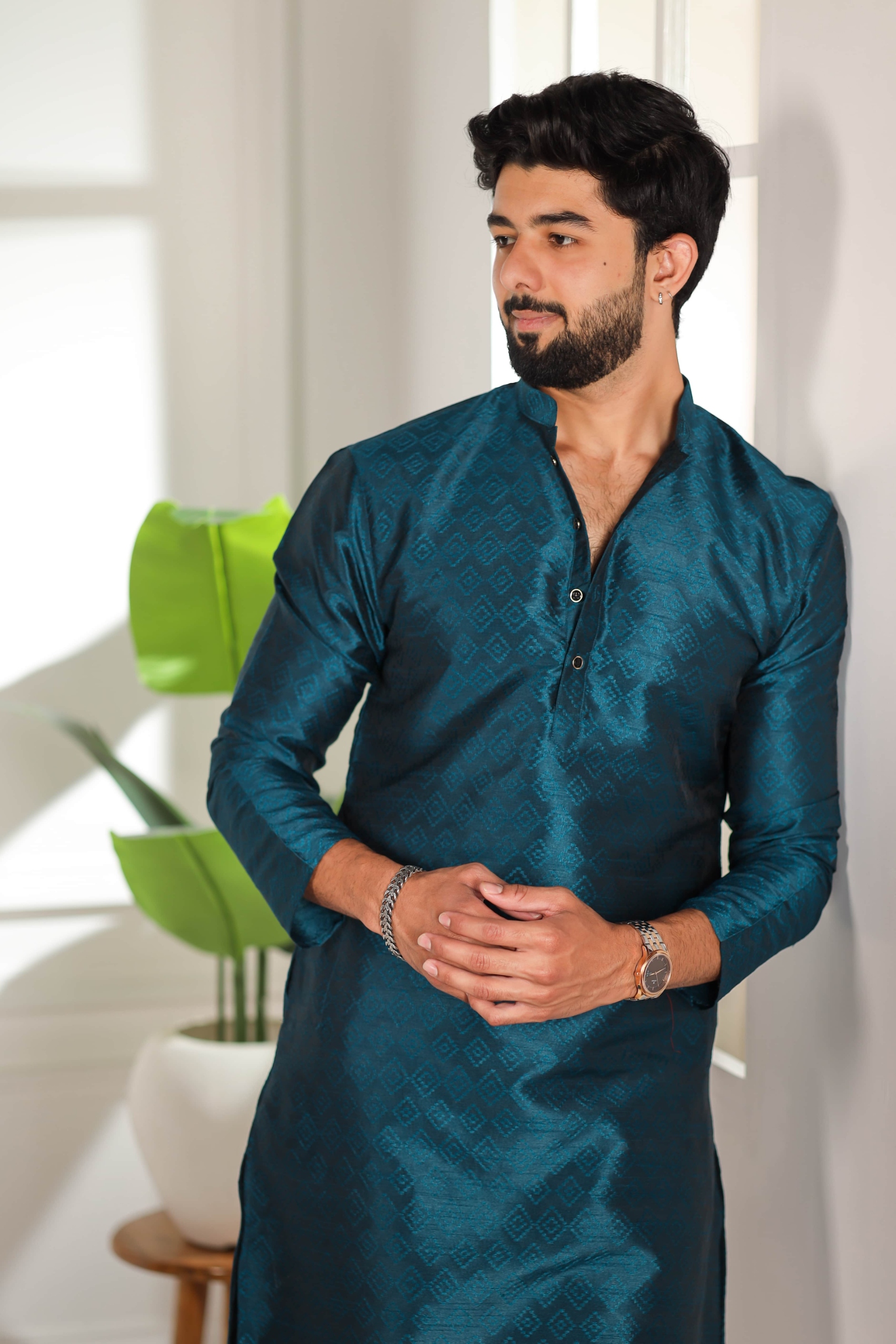 Teal Woven Pattern Art Silk Kurta Pyjama