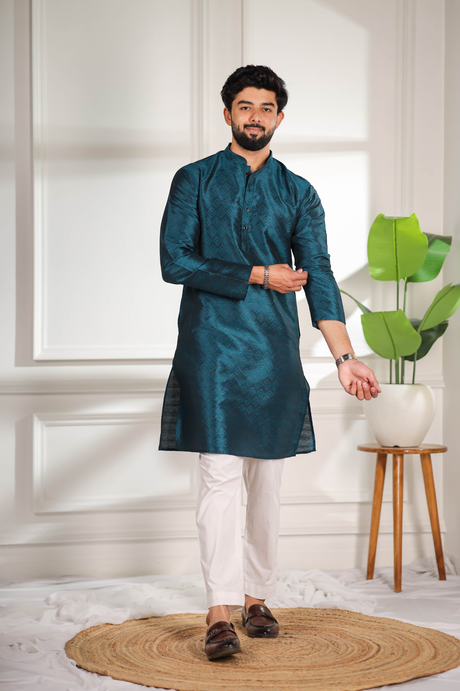 Teal Woven Pattern Art Silk Kurta Pyjama