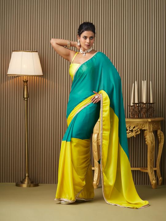 Teal Yellow Organza Saree