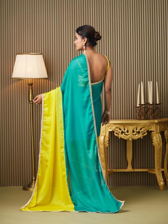 Teal Yellow Organza Saree — alternate view