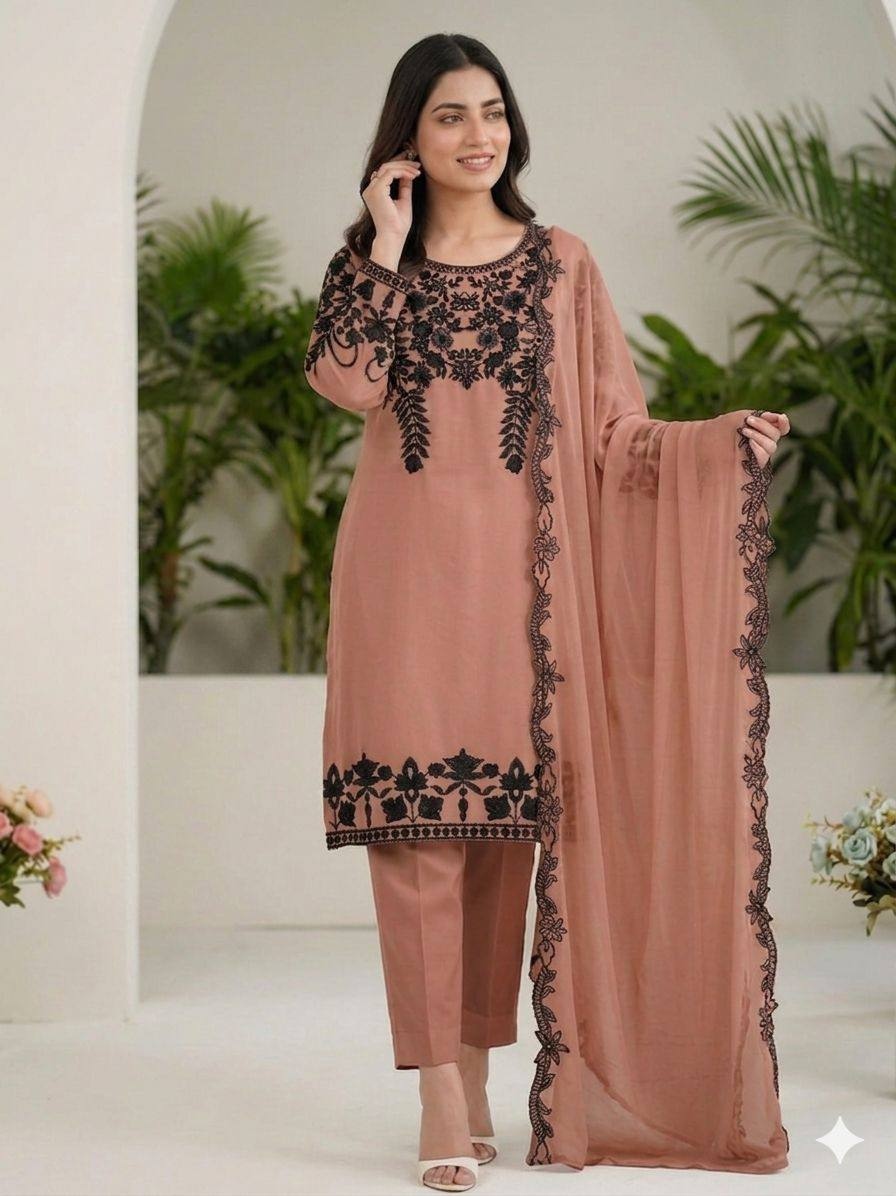 Terracotta Pink Floral Sequins Salwar Suit