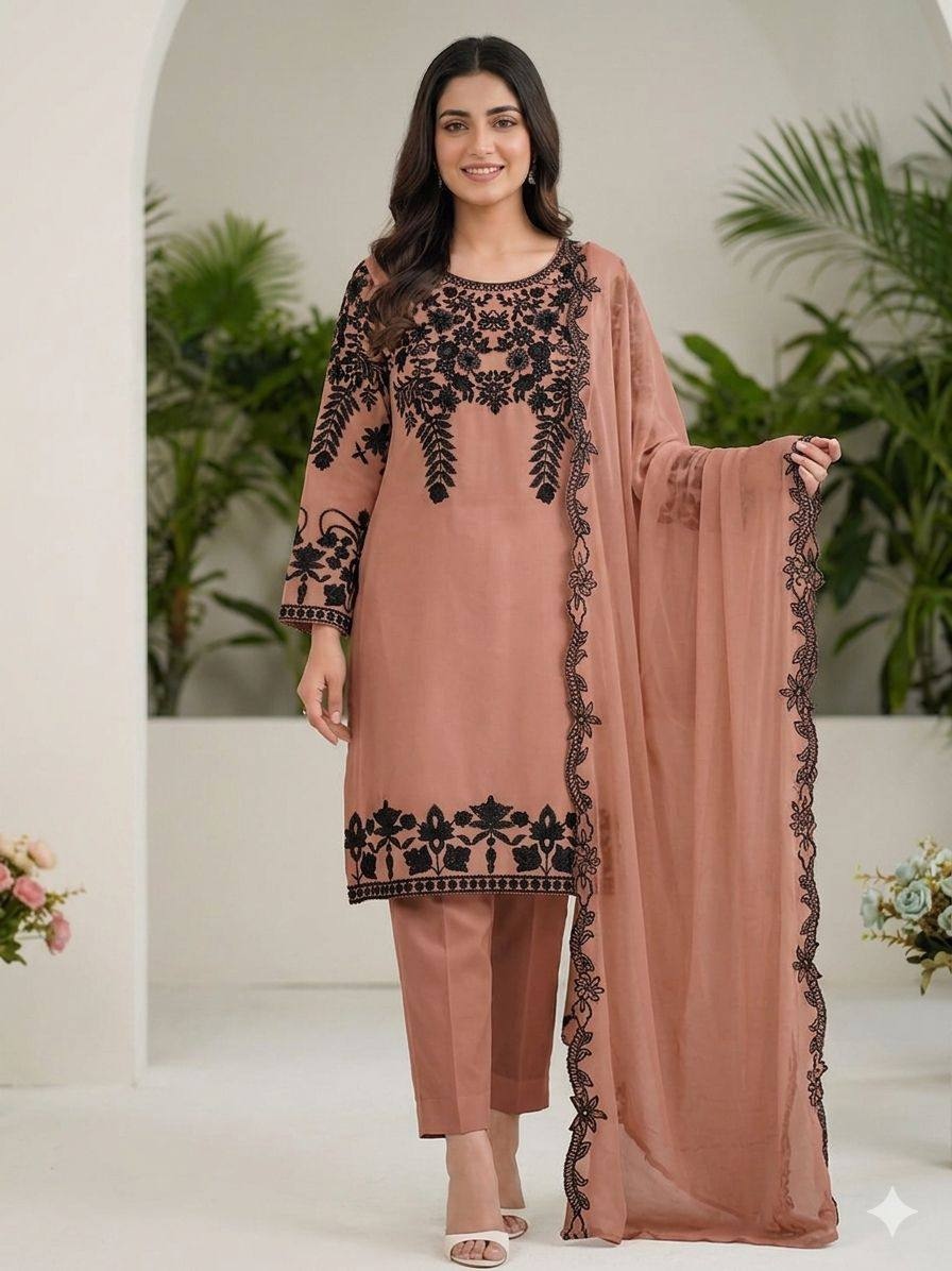 Terracotta Pink Floral Sequins Salwar Suit
