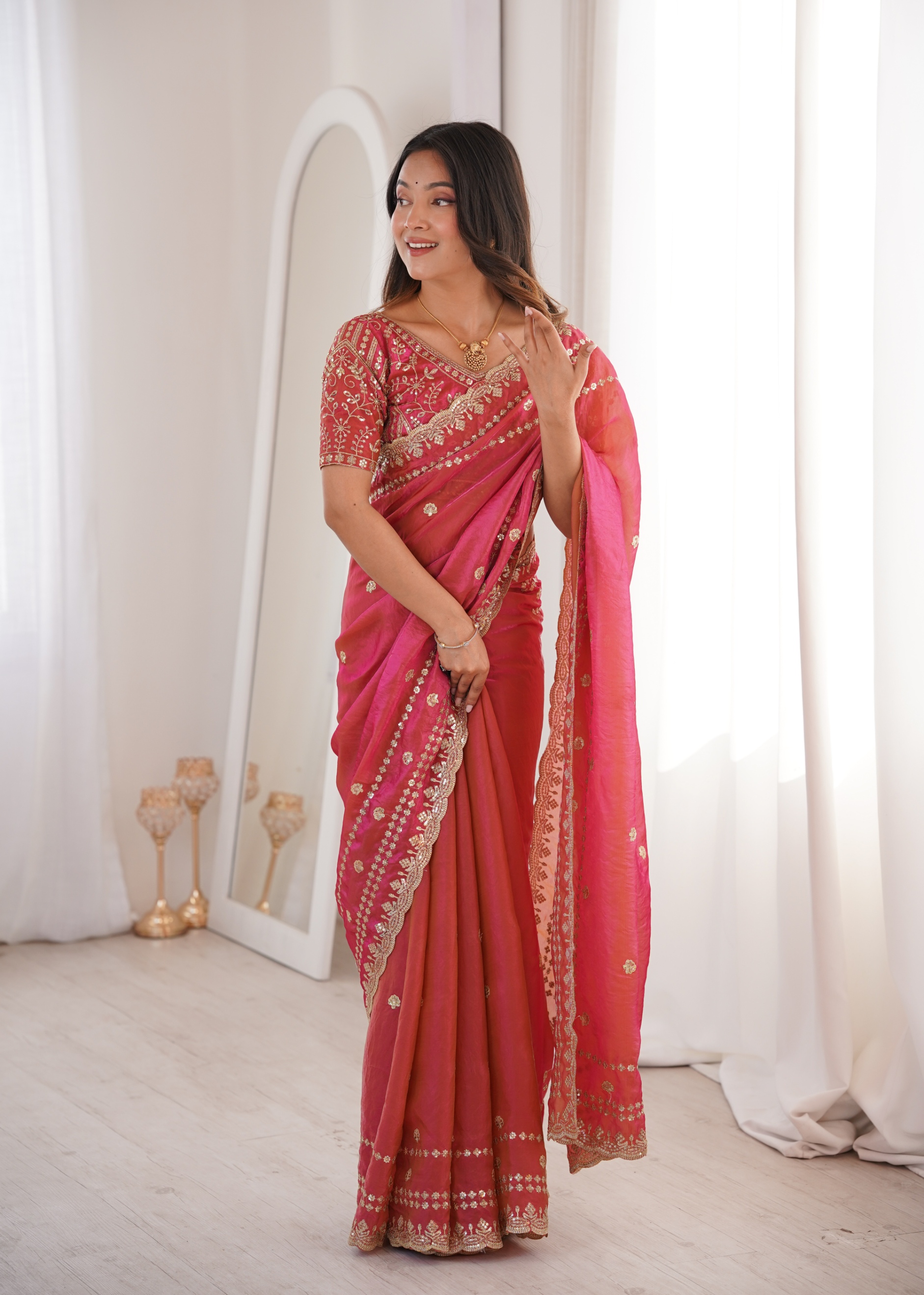 Tomato Contemporary Fendy Satin Saree