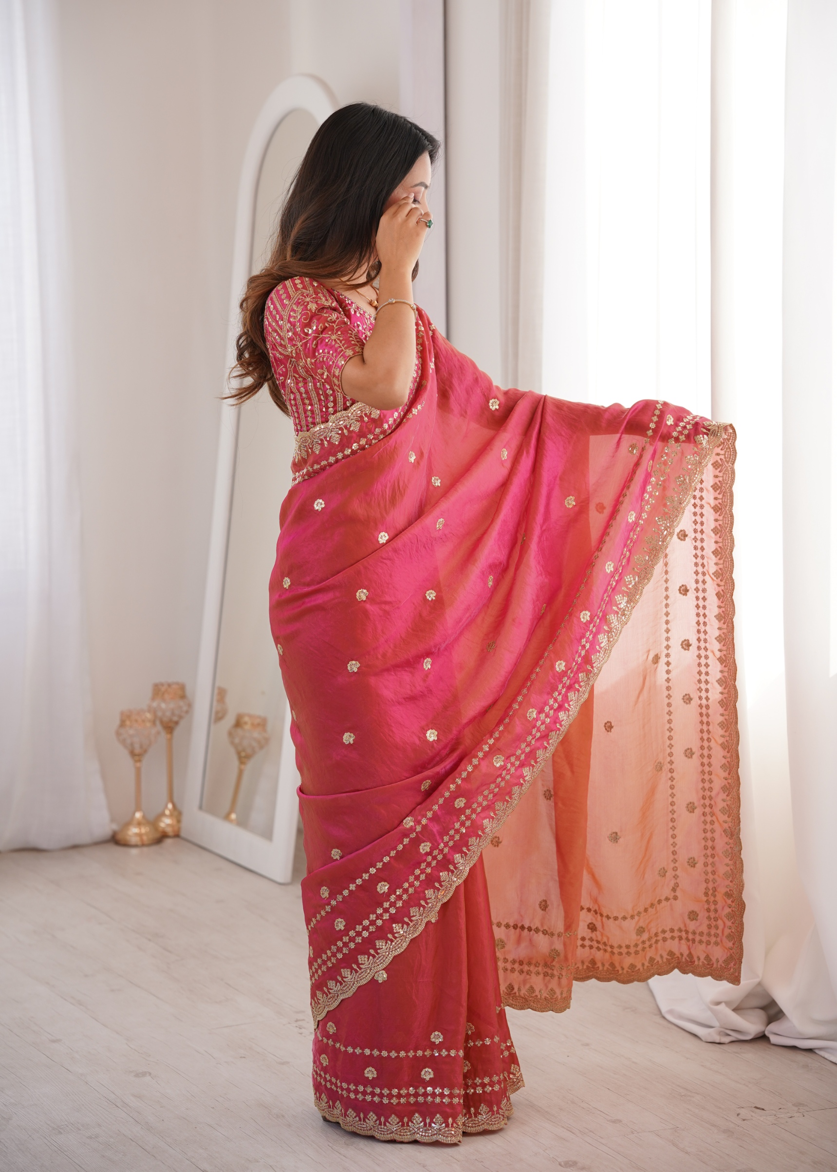 Tomato Contemporary Fendy Satin Saree — alternate view