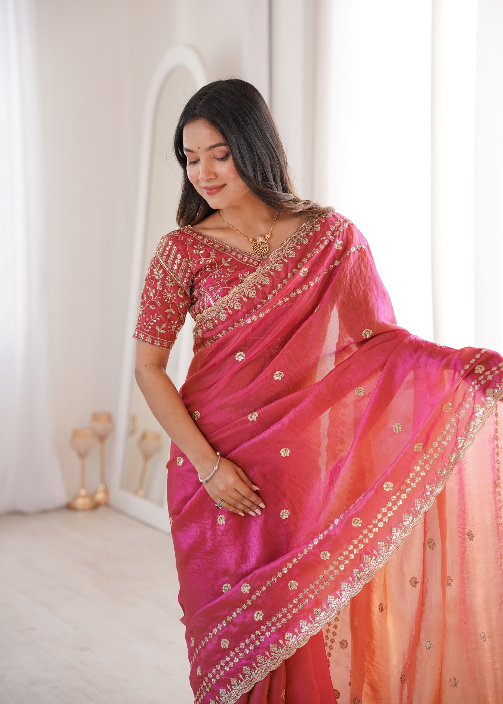 Tomato Contemporary Fendy Satin Saree