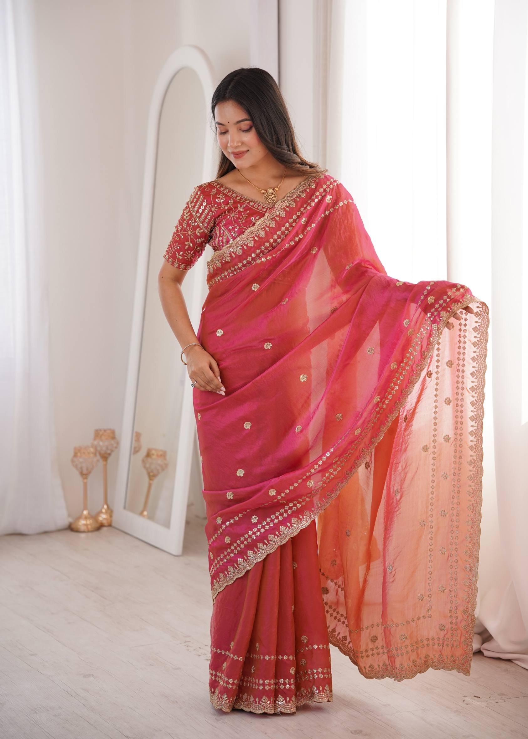 Tomato Contemporary Fendy Satin Saree