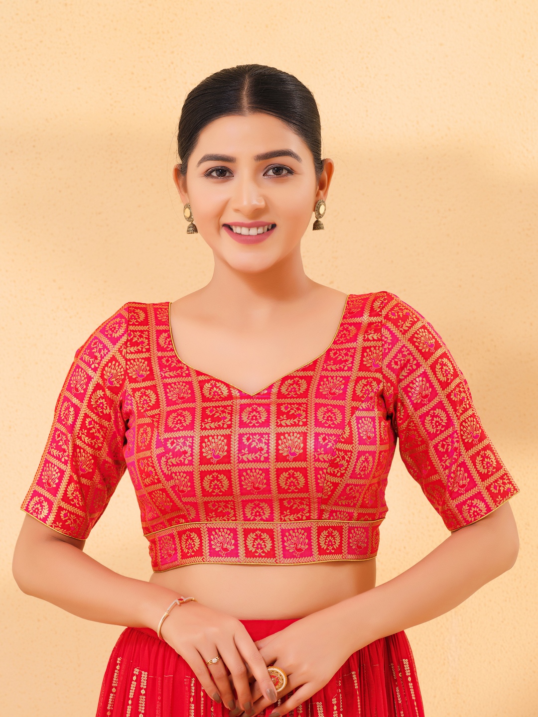 Tomato Pink Floral Brocade Readymade Blouse