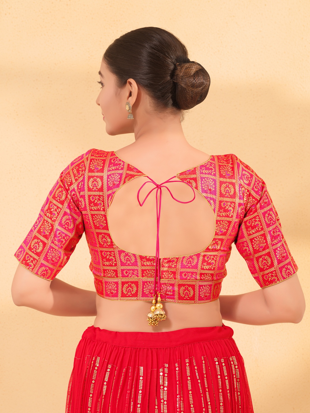 Tomato Pink Floral Brocade Readymade Blouse — alternate view