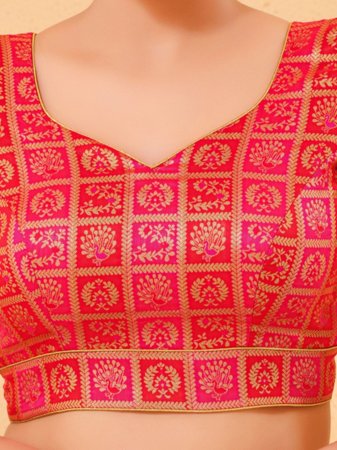Tomato Pink Floral Brocade Readymade Blouse