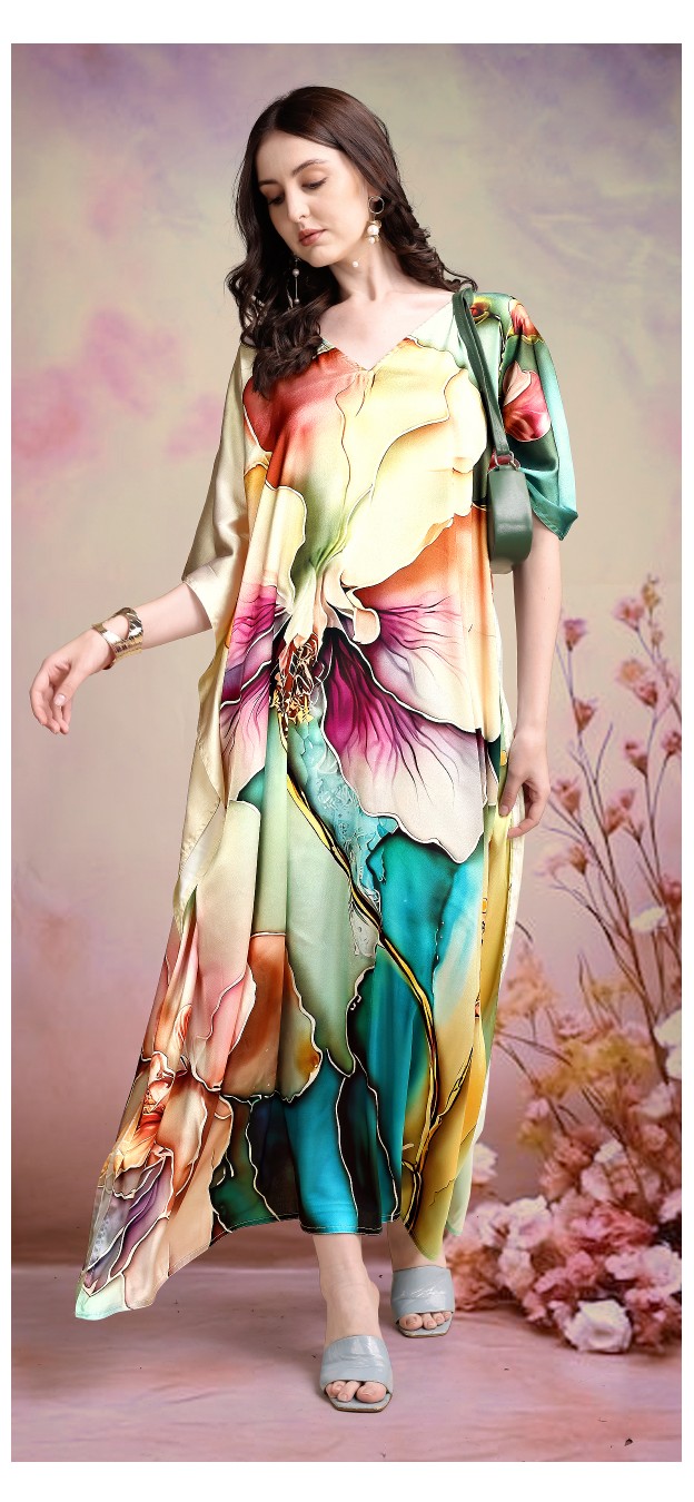 Tropical Orchid Luxe Digital Printed Satin Kaftan