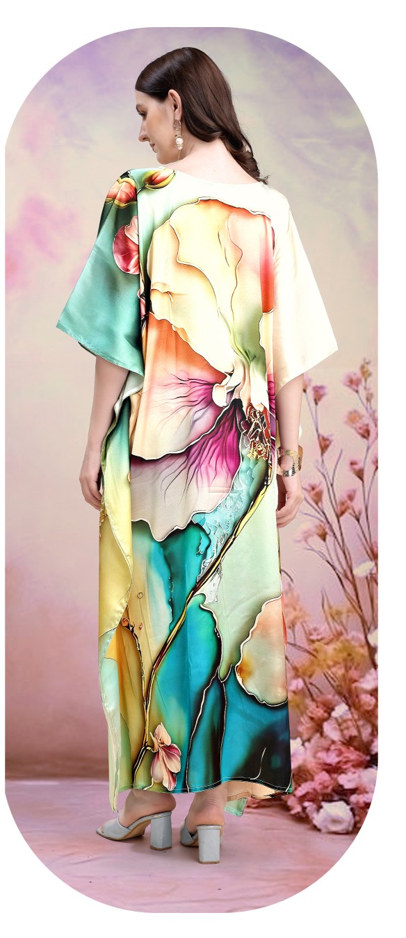 Tropical Orchid Luxe Digital Printed Satin Kaftan — alternate view