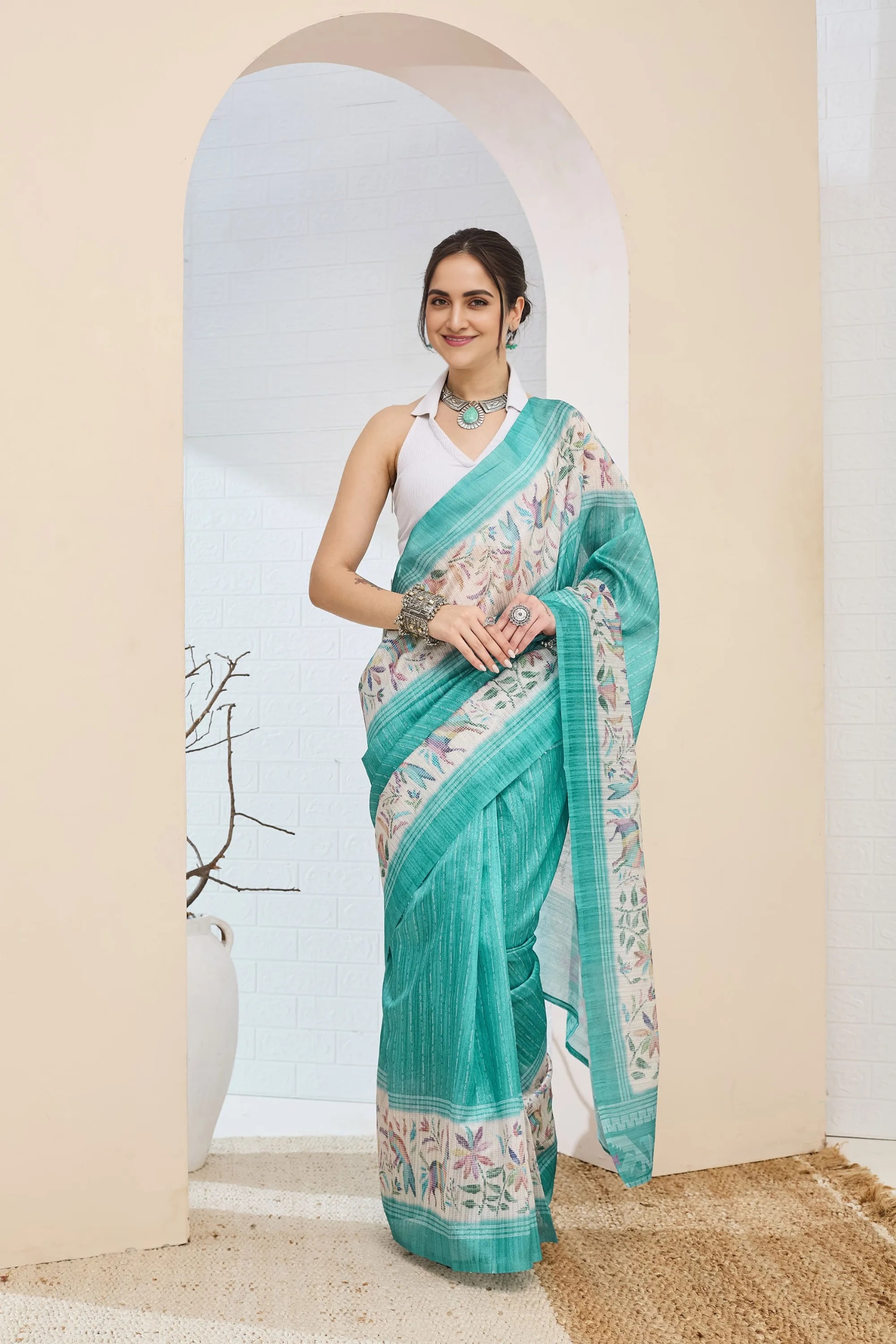 Turquoise Artistic Printed Silk Blend Ready To Wear Saree
