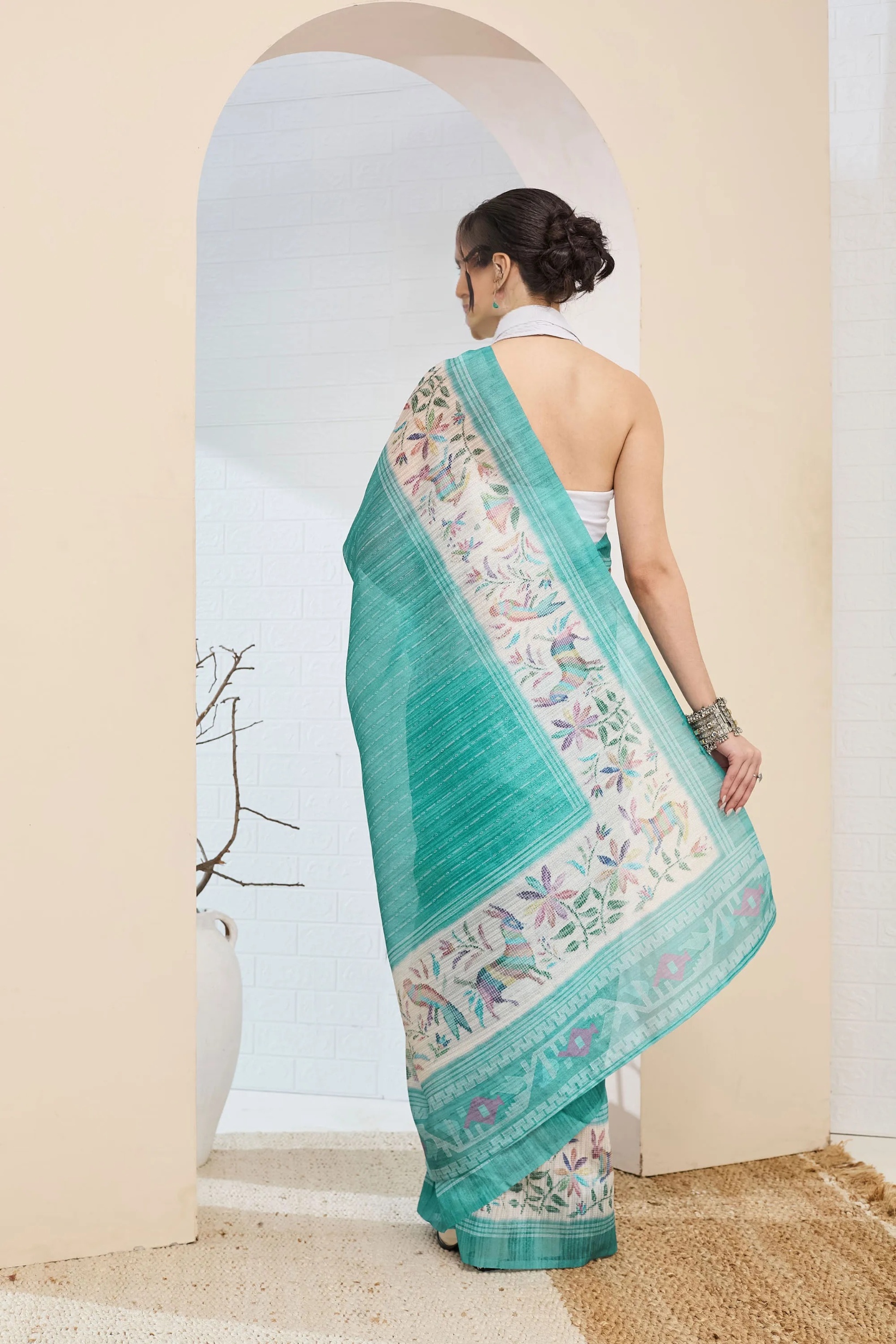 Turquoise Artistic Printed Silk Blend Ready To Wear Saree — alternate view