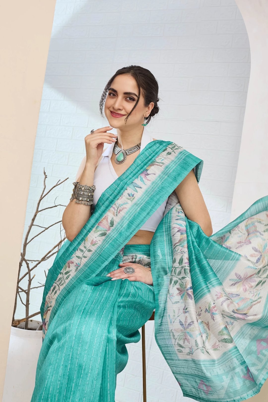 Turquoise Artistic Printed Silk Blend Ready To Wear Saree