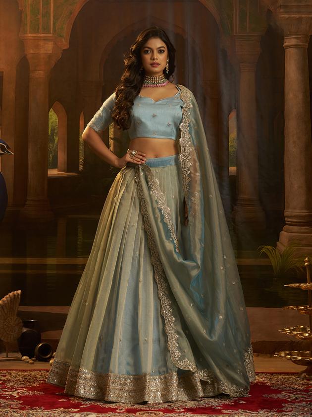 Turquoise Blue Organza Embroidered Lehenga Choli