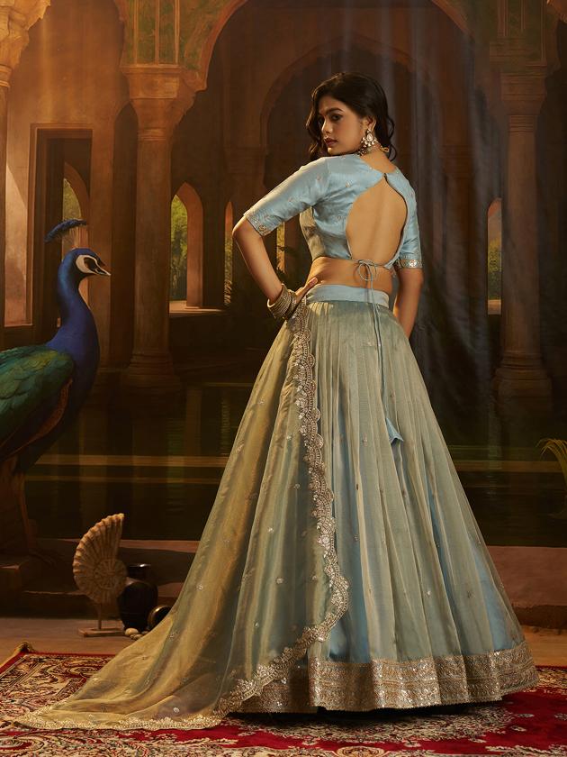 Turquoise Blue Organza Embroidered Lehenga Choli — alternate view