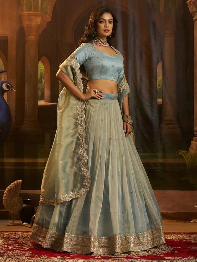 Turquoise Blue Organza Embroidered Lehenga Choli