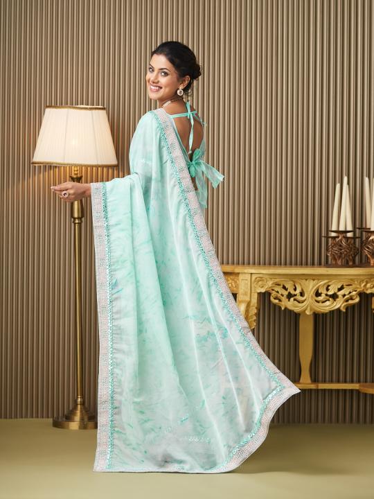 Turquoise Blue Organza Saree — alternate view