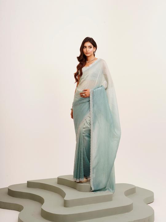 Turquoise Blue Satin Saree