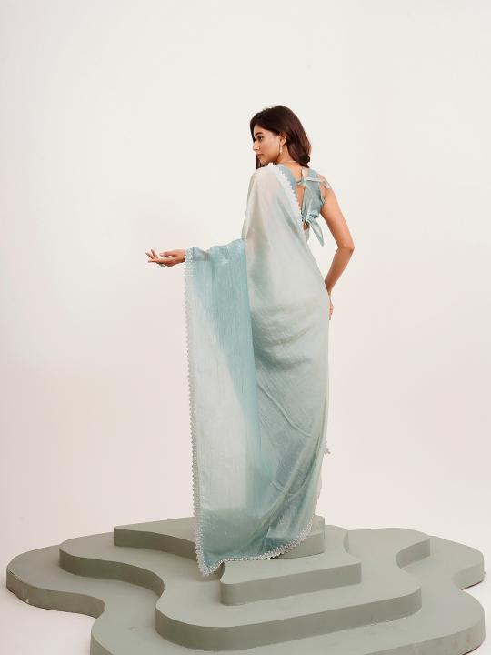 Turquoise Blue Satin Saree — alternate view