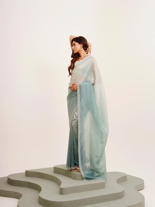 Turquoise Blue Satin Saree