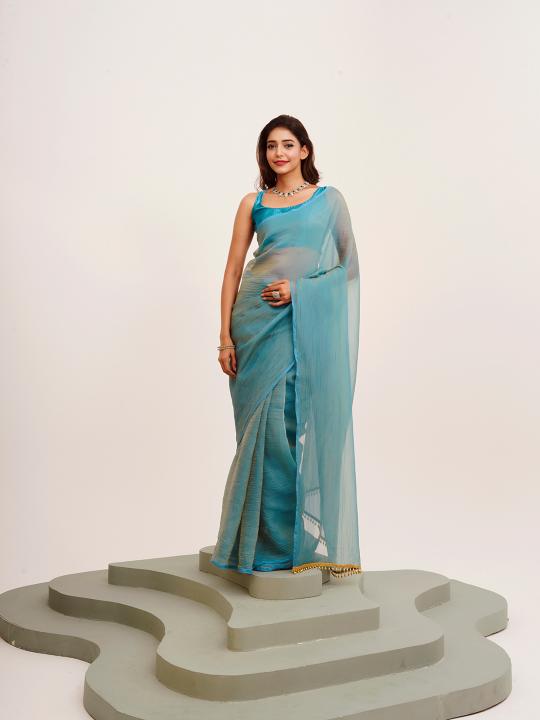 Turquoise Blue Satin Saree