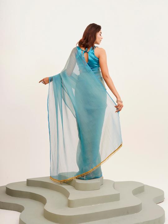 Turquoise Blue Satin Saree — alternate view