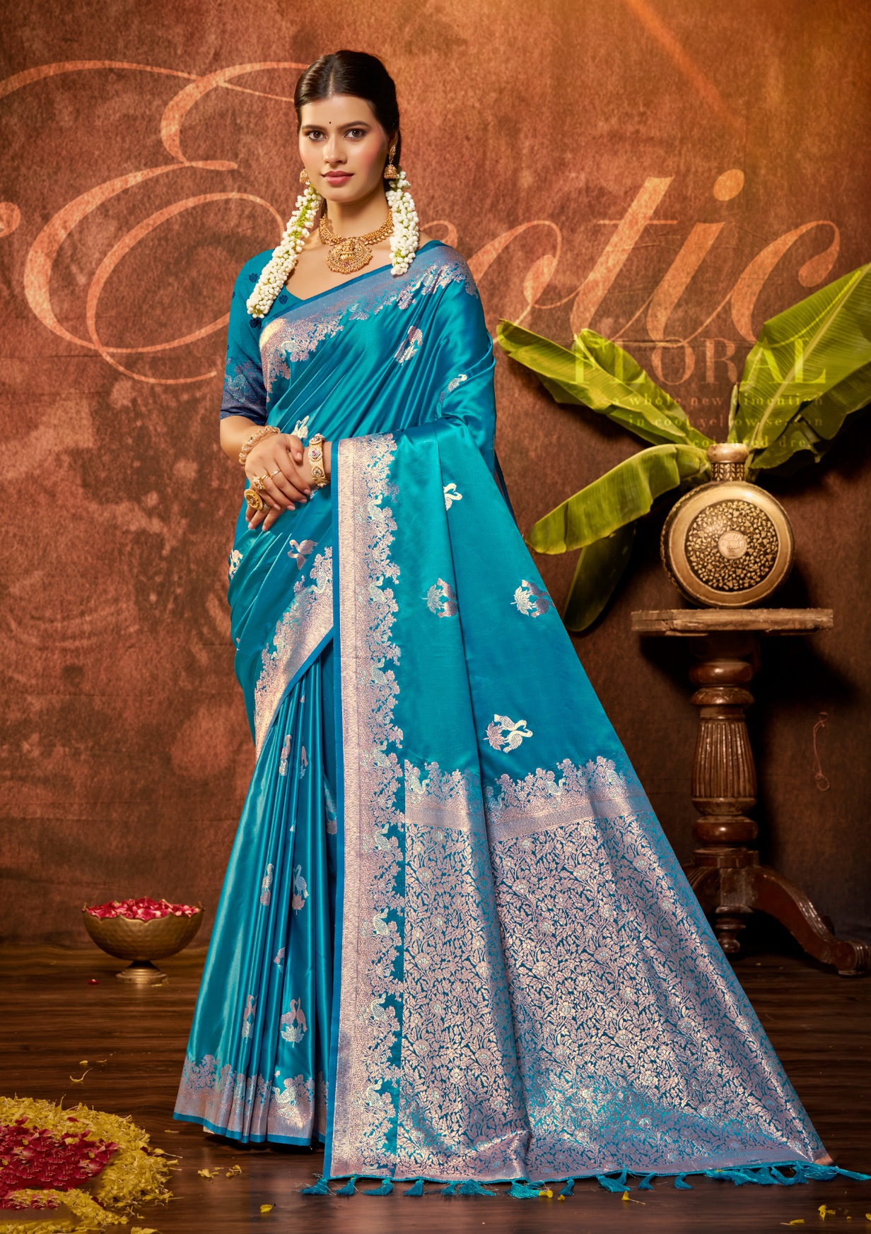 Turquoise Blue Woven Designer Satin Silk Saree — alternate view