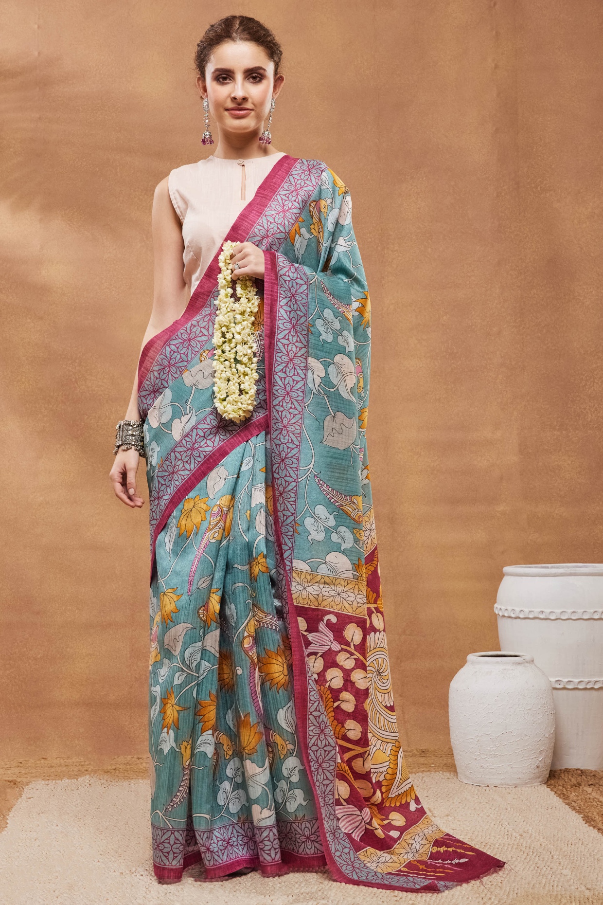 Turquoise Floral Printed Silk Blend Saree