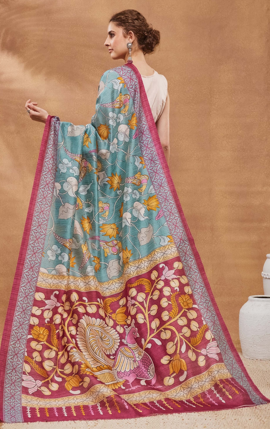 Turquoise Floral Printed Silk Blend Saree — alternate view