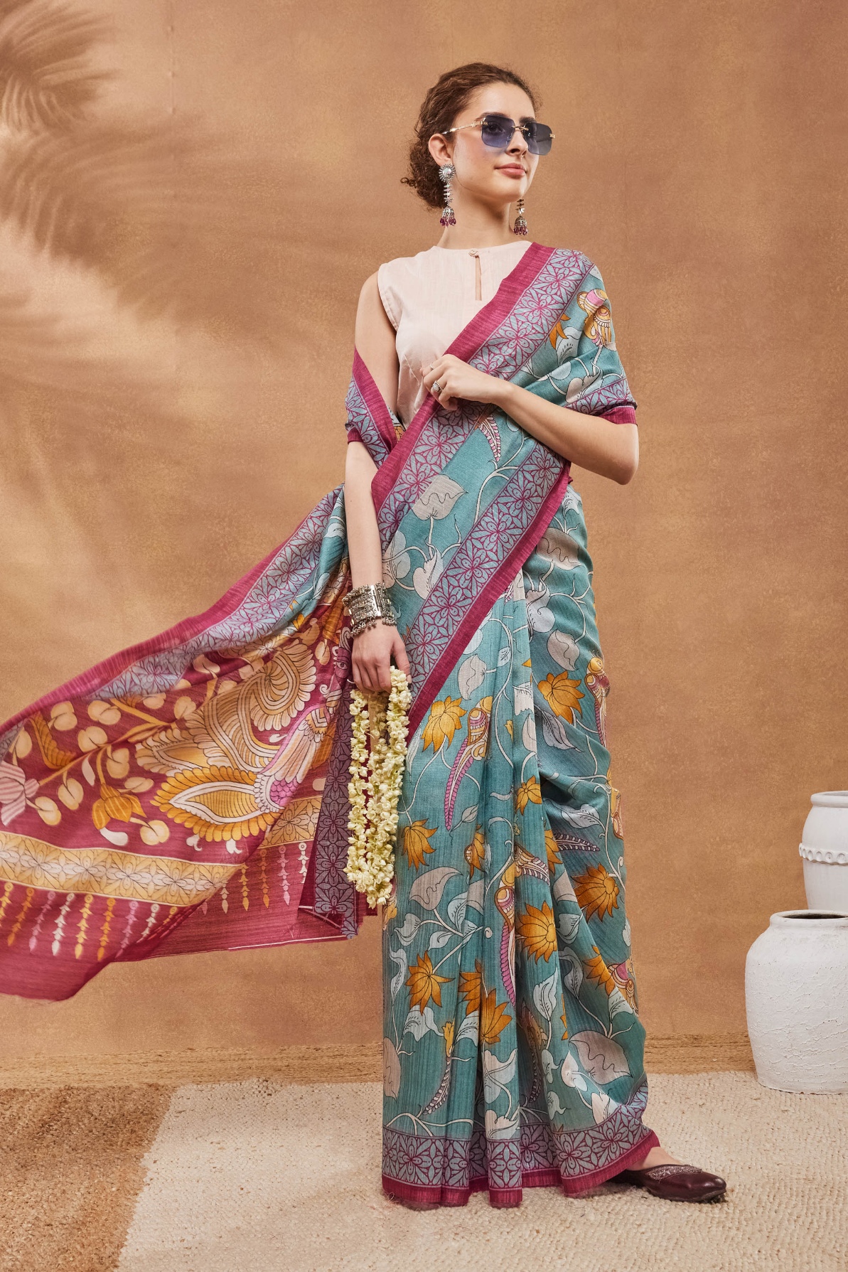 Turquoise Floral Printed Silk Blend Saree