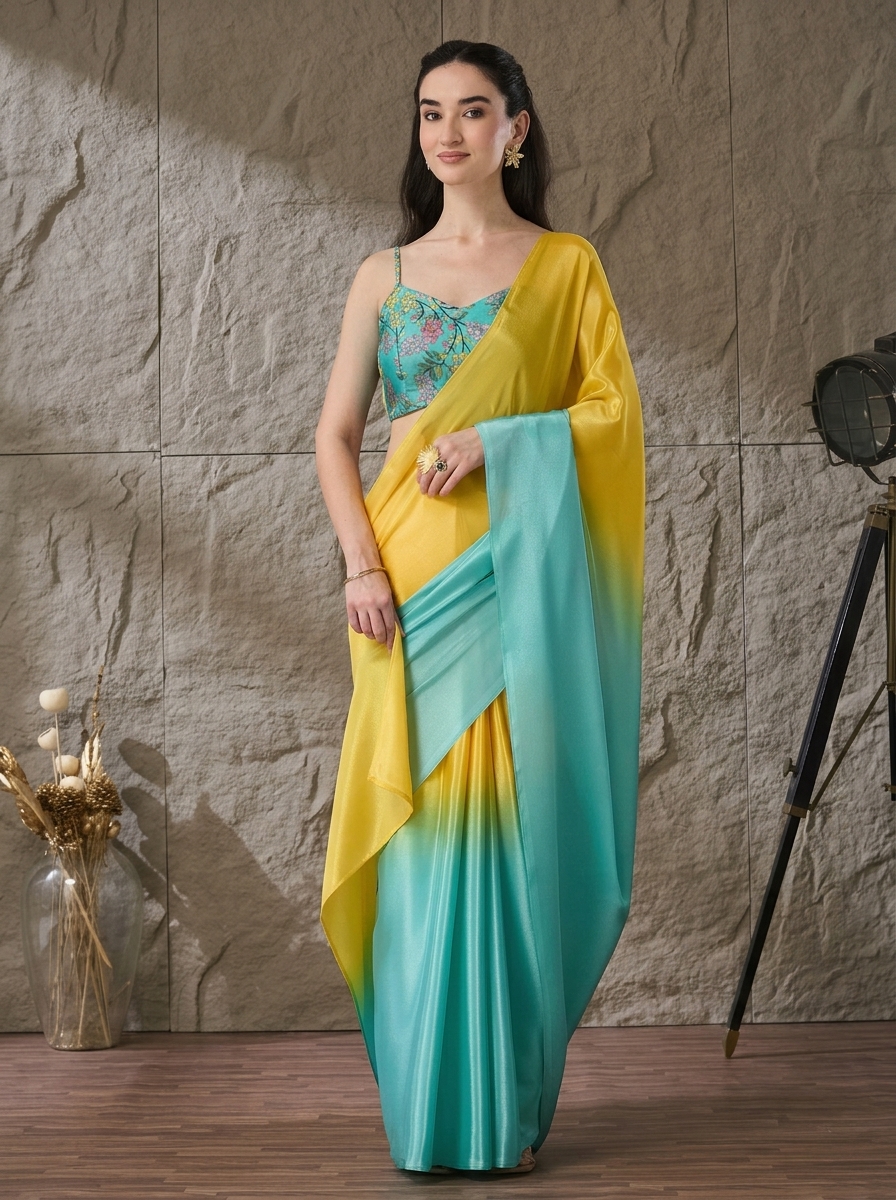 Turquoise Floral Satin Ready To Wear Saree