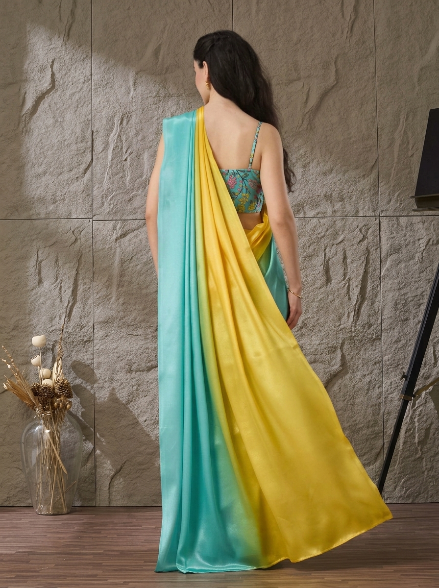 Turquoise Floral Satin Ready To Wear Saree — alternate view