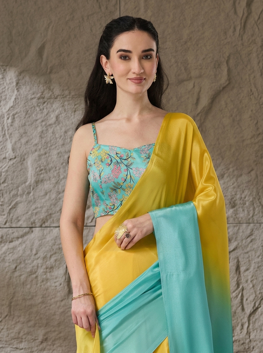 Turquoise Floral Satin Ready To Wear Saree