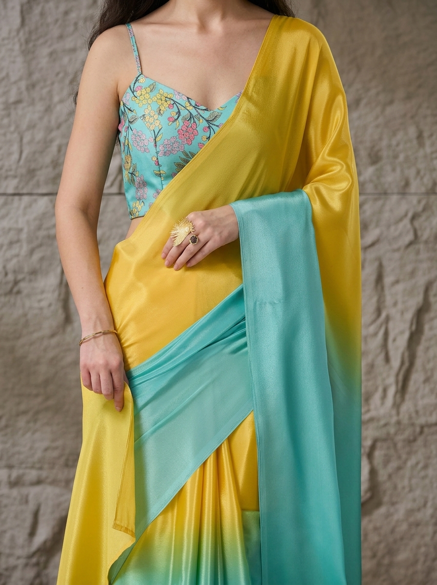 Turquoise Floral Satin Ready To Wear Saree