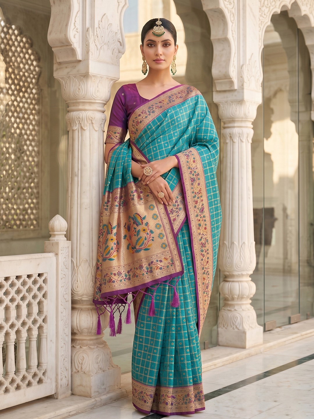 Turquoise Geometric Banarasi Silk Saree