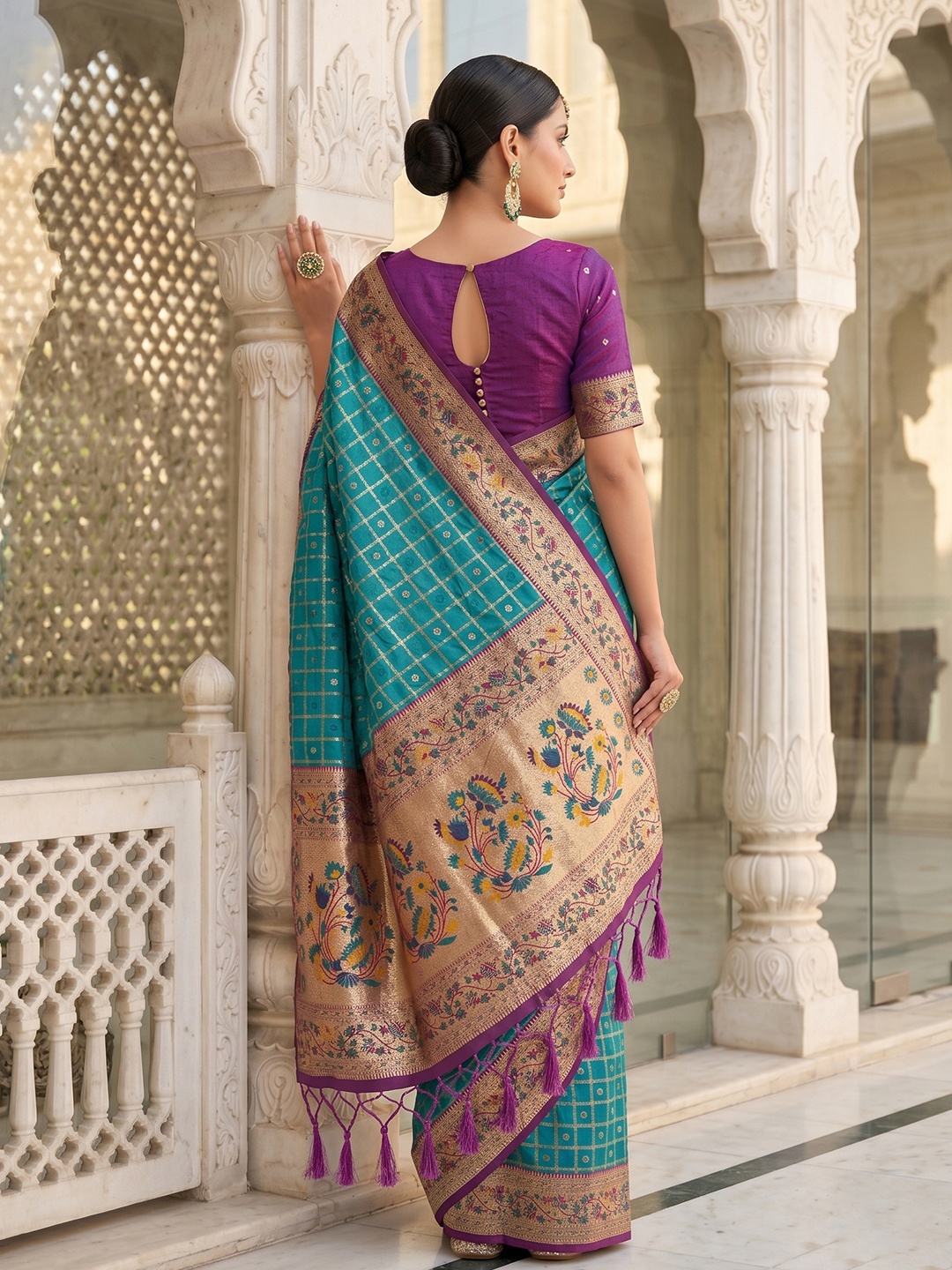 Turquoise Geometric Banarasi Silk Saree — alternate view