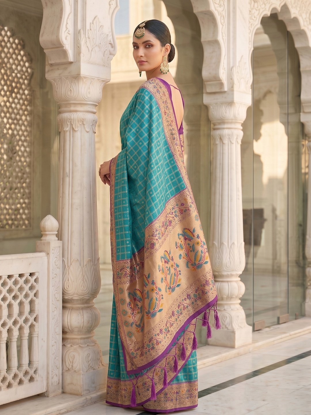 Turquoise Geometric Banarasi Silk Saree