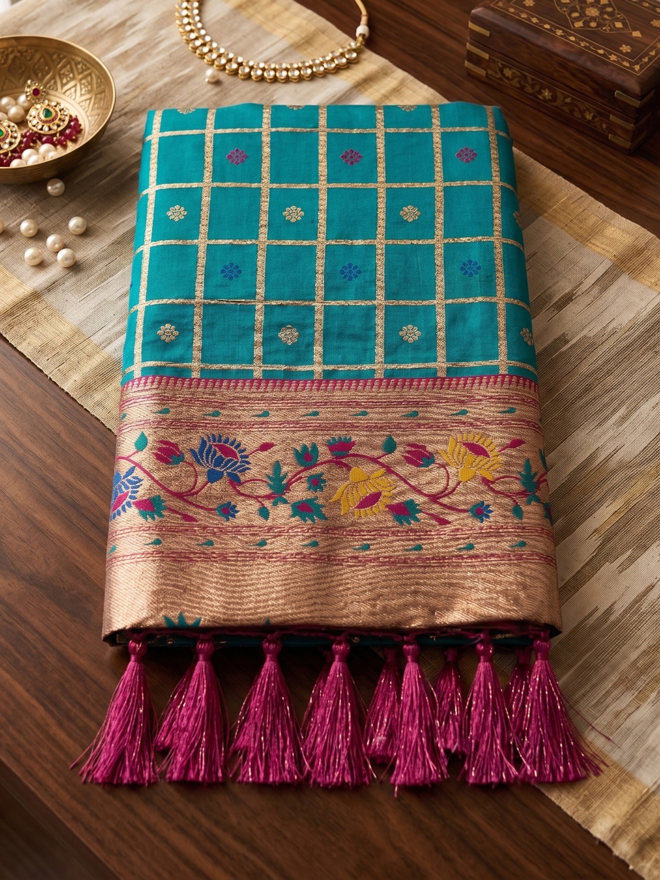 Turquoise Geometric Banarasi Silk Saree