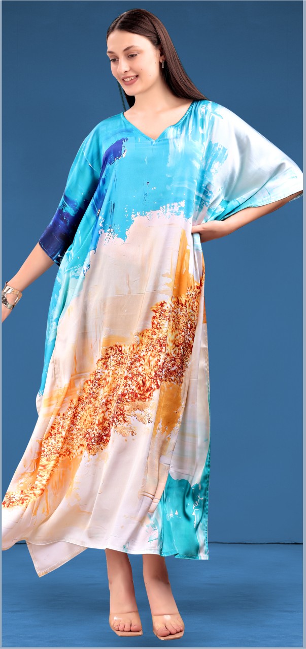 Turquoise Gold Abstract Printed Poly Japan Satin Kaftan