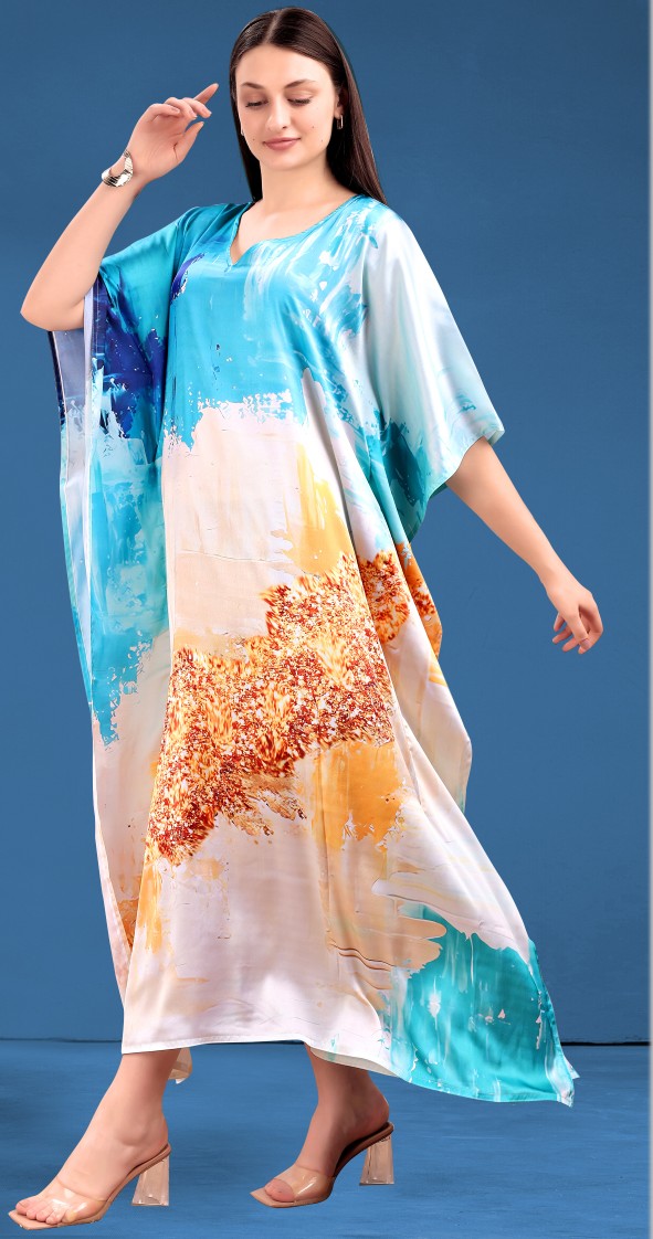Turquoise Gold Abstract Printed Poly Japan Satin Kaftan — alternate view