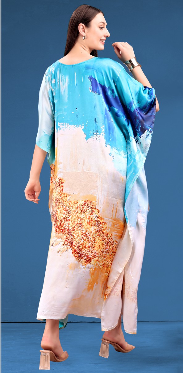 Turquoise Gold Abstract Printed Poly Japan Satin Kaftan