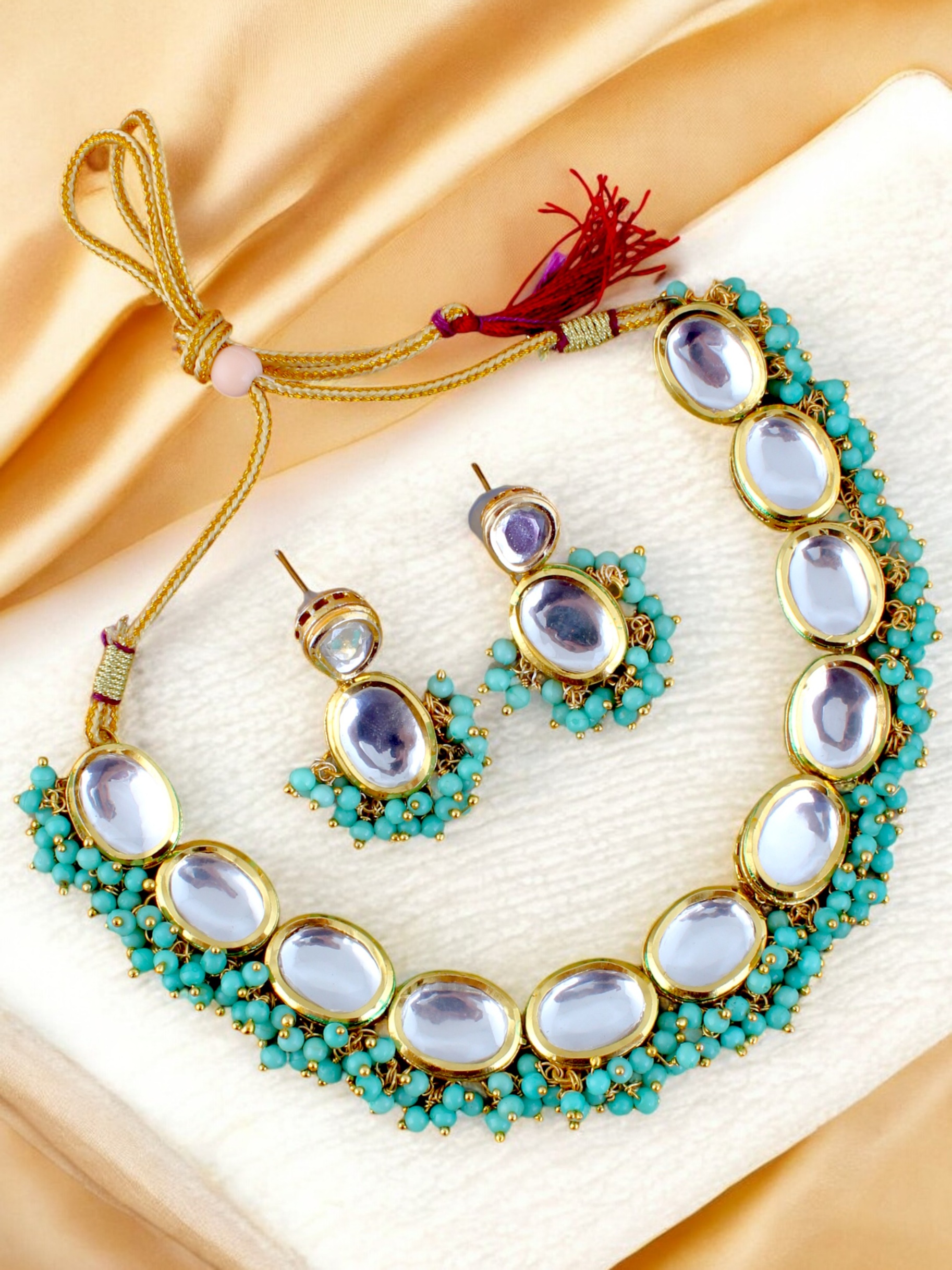 Turquoise Kundan Beaded Necklace Set — alternate view