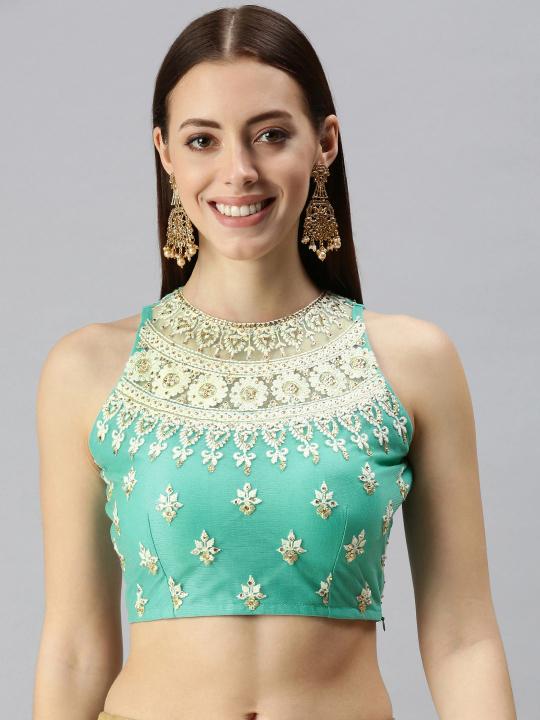 Turquoise Lycra N Net Readymade Blouse